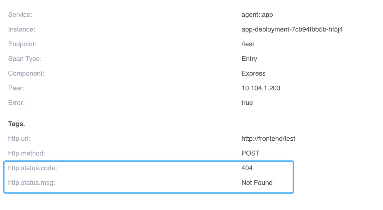 Figure 3: A detail view of a request to http://frontend/test showing that the URI doesn&rsquo;t exist.